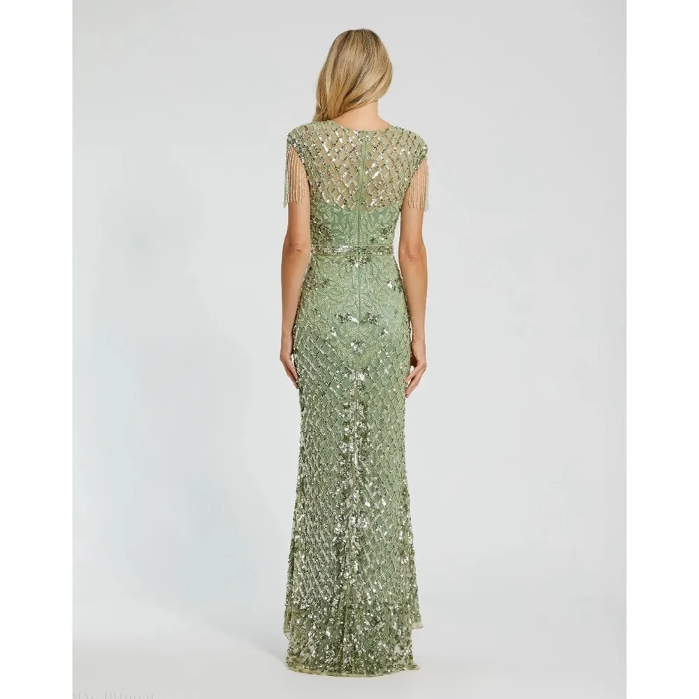 Mac Duggal 4908 Green High Neck Beaded Fringe Fitted Gown Size 6 NWT - Image 3