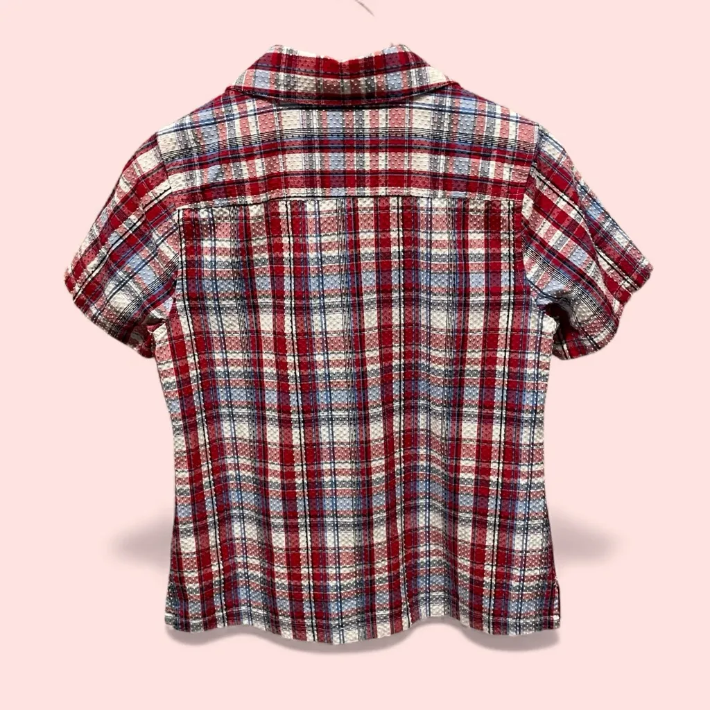Cute vintage 90s plaid seersucker breezy short sleeve blouse beach coastal USA - Image 3