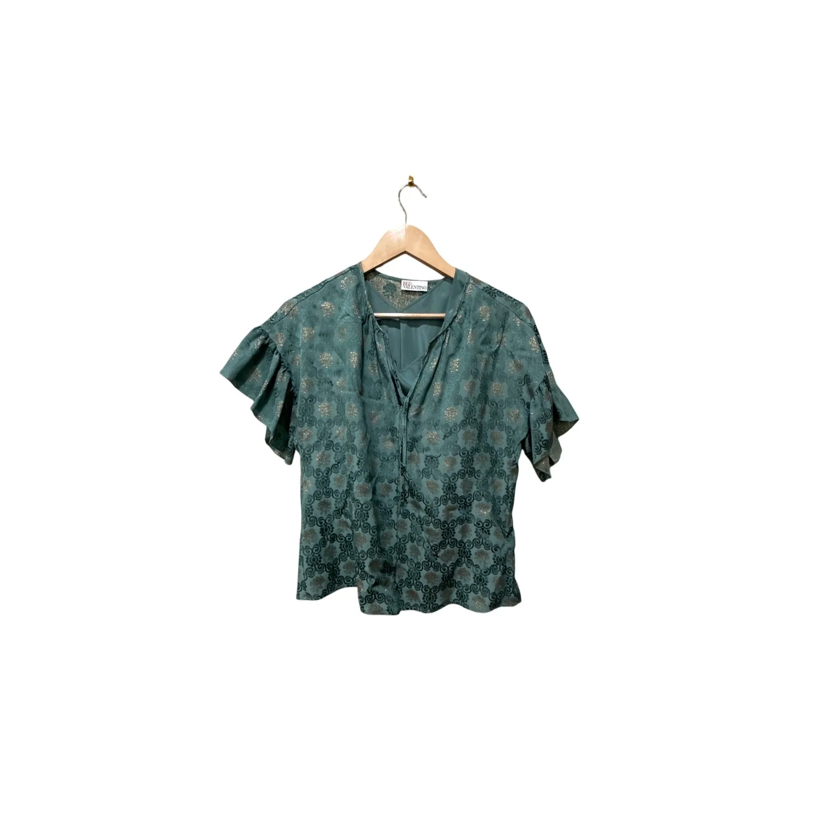 Red‎ Valentino Ruffled Metallic Jacquard Top Size 2 Green - Image 5