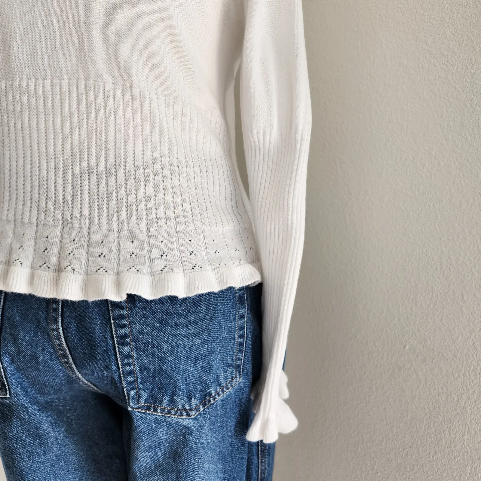 Vintage White Stag White Tie Front Knit Cardigan Long Sleeve Scallop Hem L - Image 8