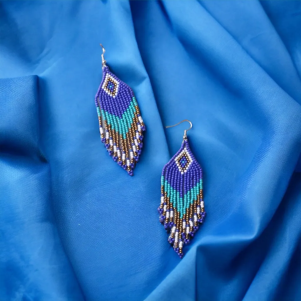 Rhombus Shape Colorful Beaded Tassel Dangle‎ Earrings Bohemian Ethnic Style Blue - Image 4