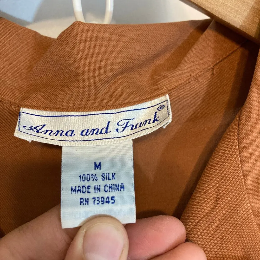 Vintage Anna and Frank 100% Silk Brown Long Sleeve Button Up Shirt Blouse Top Size M - Image 5