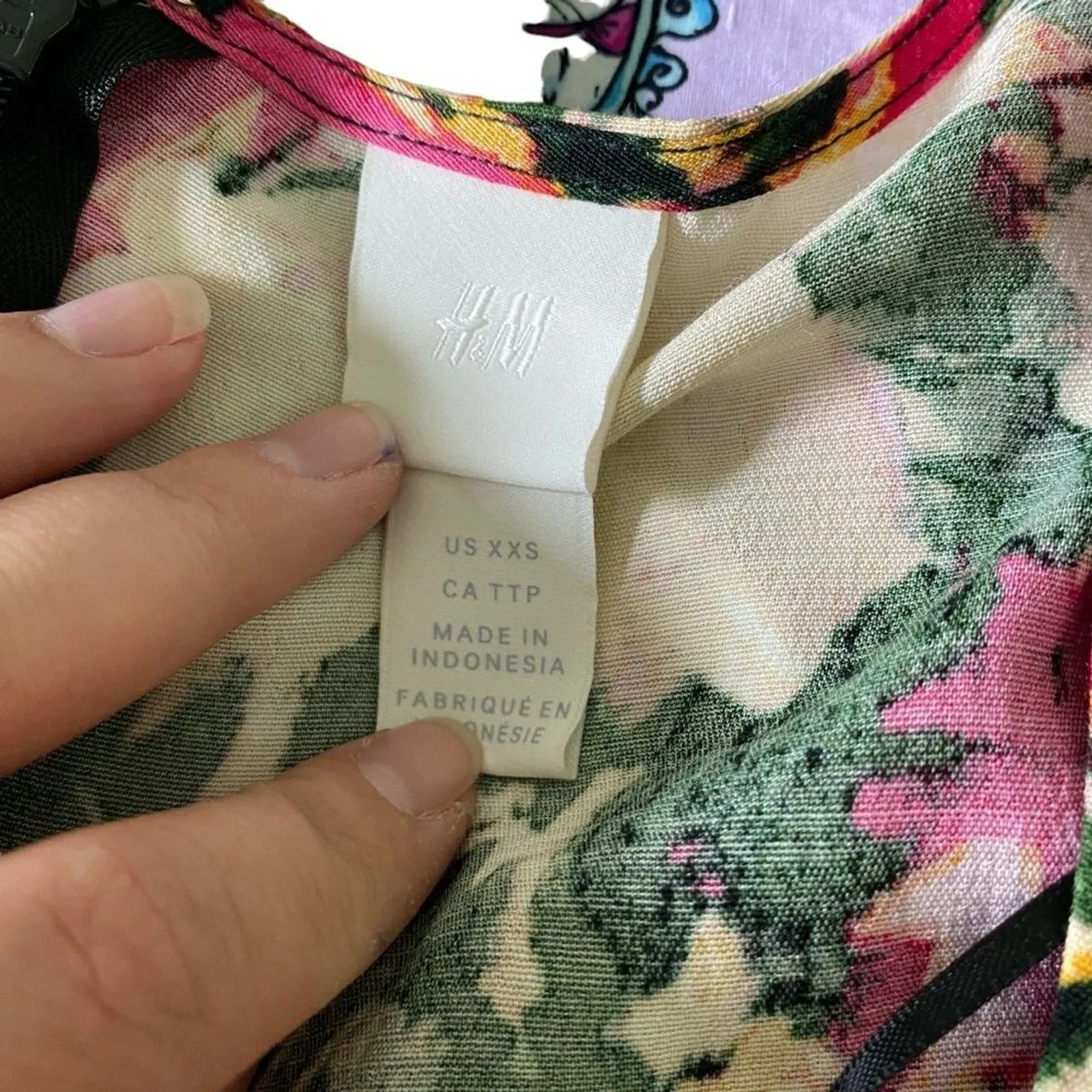 H&M Pink Green Floral Puff Sleeve Sweetheart Slit Midi Dress Size XXS - Image 3