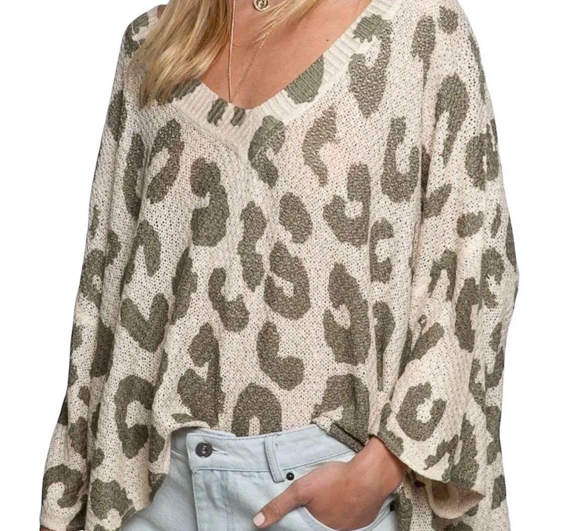 POL Olive Leopard Print Oversized Sweater - Image 3