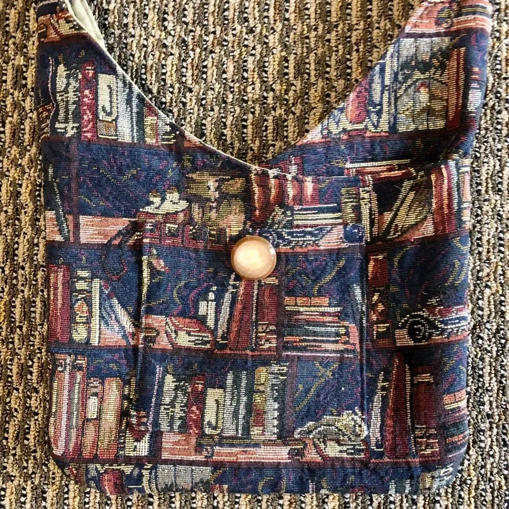 Handmade Tapestry Purse Used Shoulder Bag Library Print - Image 2