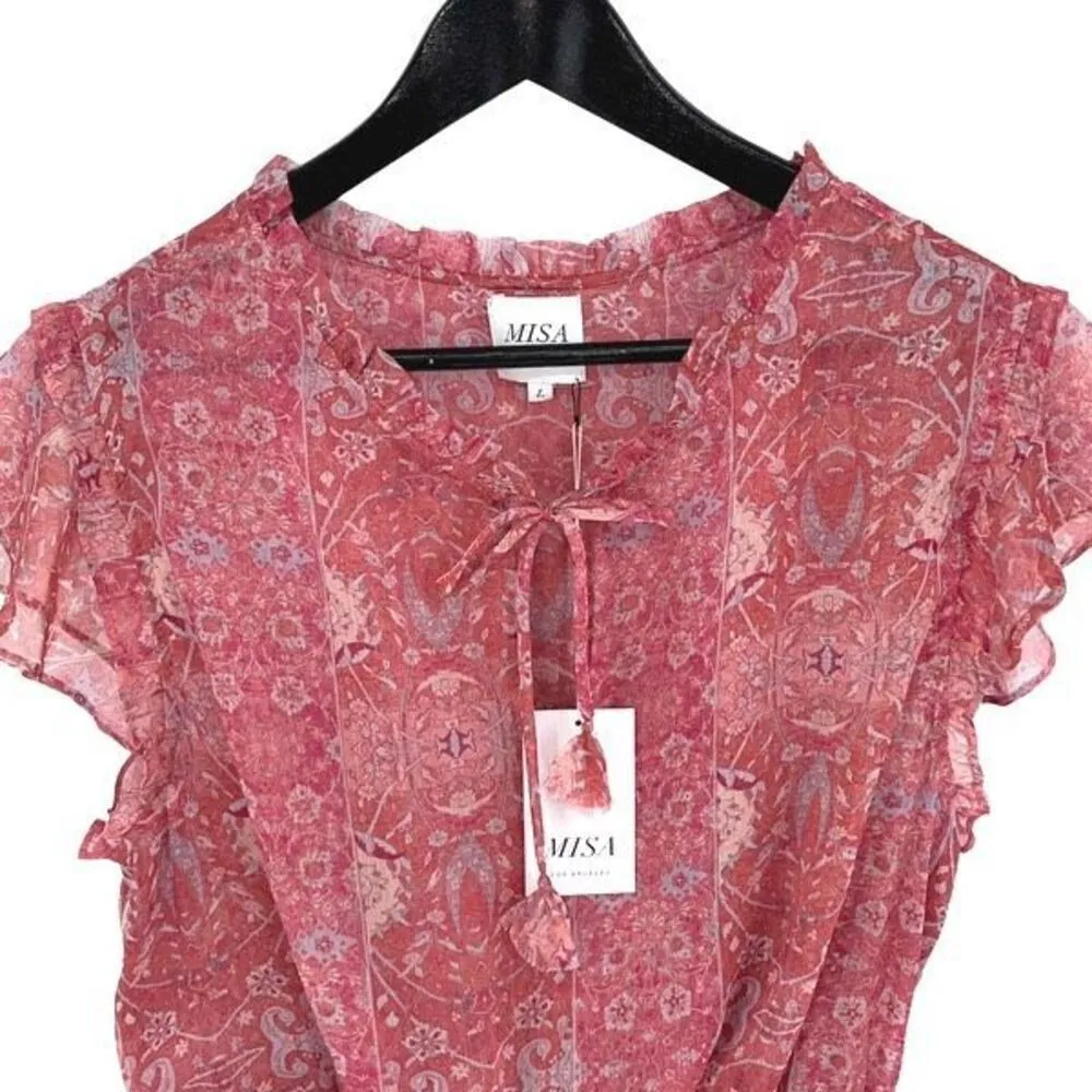 Misa Los Angeles Lillian Floral Print Ruffle Mini Dress Washed Rose‎ Lilac Large - Image 4