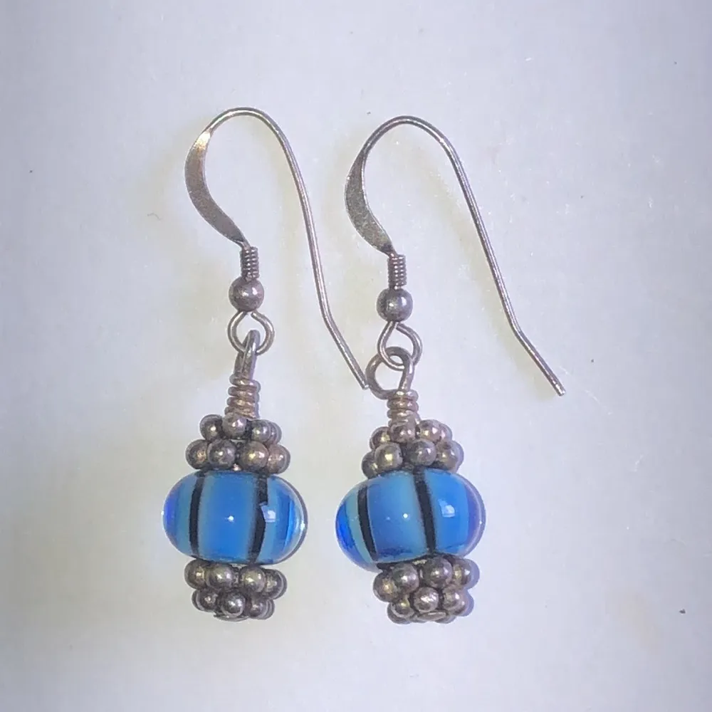 Blue Striped Glass Beaded Boho Earrings - Image 3