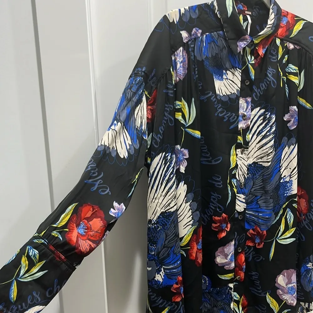 Free People Silky Nights Button Down Oversized Floral Blouse in Onyx Sz S - Image 9