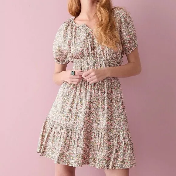 JCrew Cinched waist puff-sleeve dress scattered blooms Pink Green floral small - Image 11