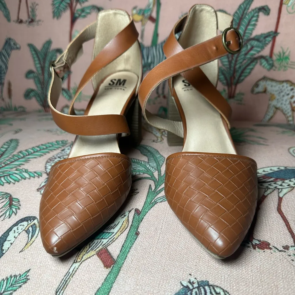 SM New York Brown Faux Leather Block Heel Woven Ankle Strap Pump Point Shoes 10M Size 10 - Image 3
