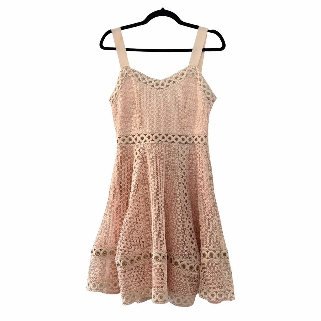 MAJE Ravi Perforated Crochet A-line Light Pink Cocktail Mini Dress Sz L - Image 3