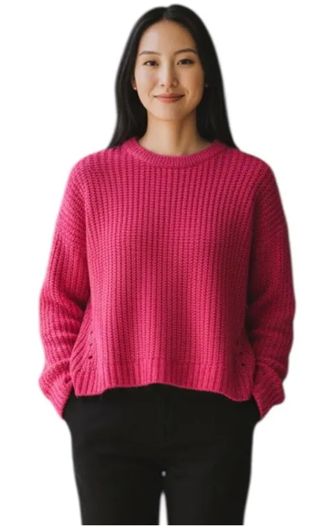 John + Jenn Fuchsia Hot Pink Crew Neck High Low Chenille Chunky Sweater L - Image 1