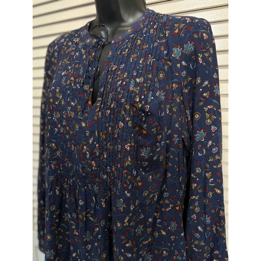 Old Navy Navy/Multi Floral/Paisley Long Sleeve‎ Tie/Tassel Neck Blouse Sz Small - Image 2