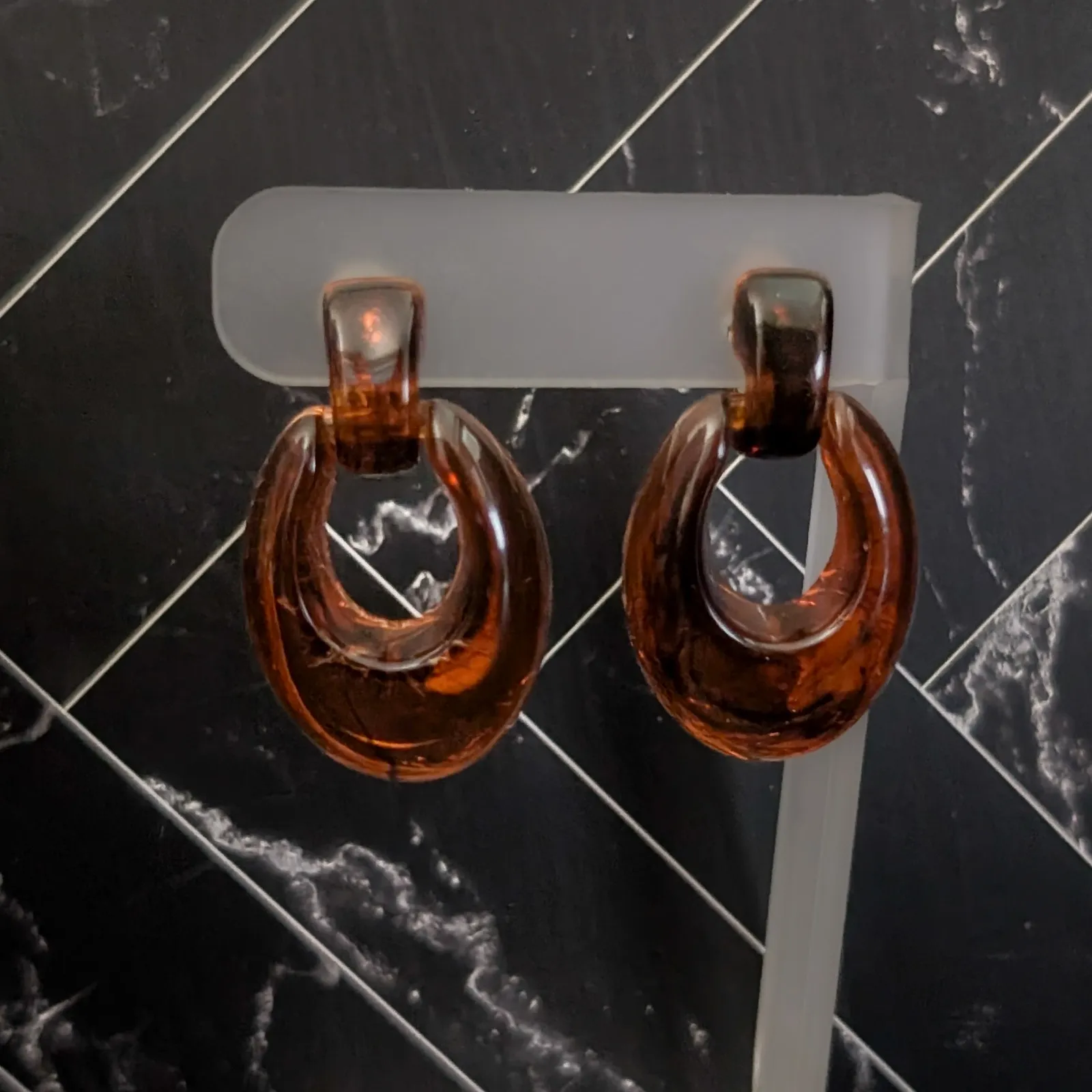 Vintage Clip On Earrings Dark Amber Tone Dangle - Image 2