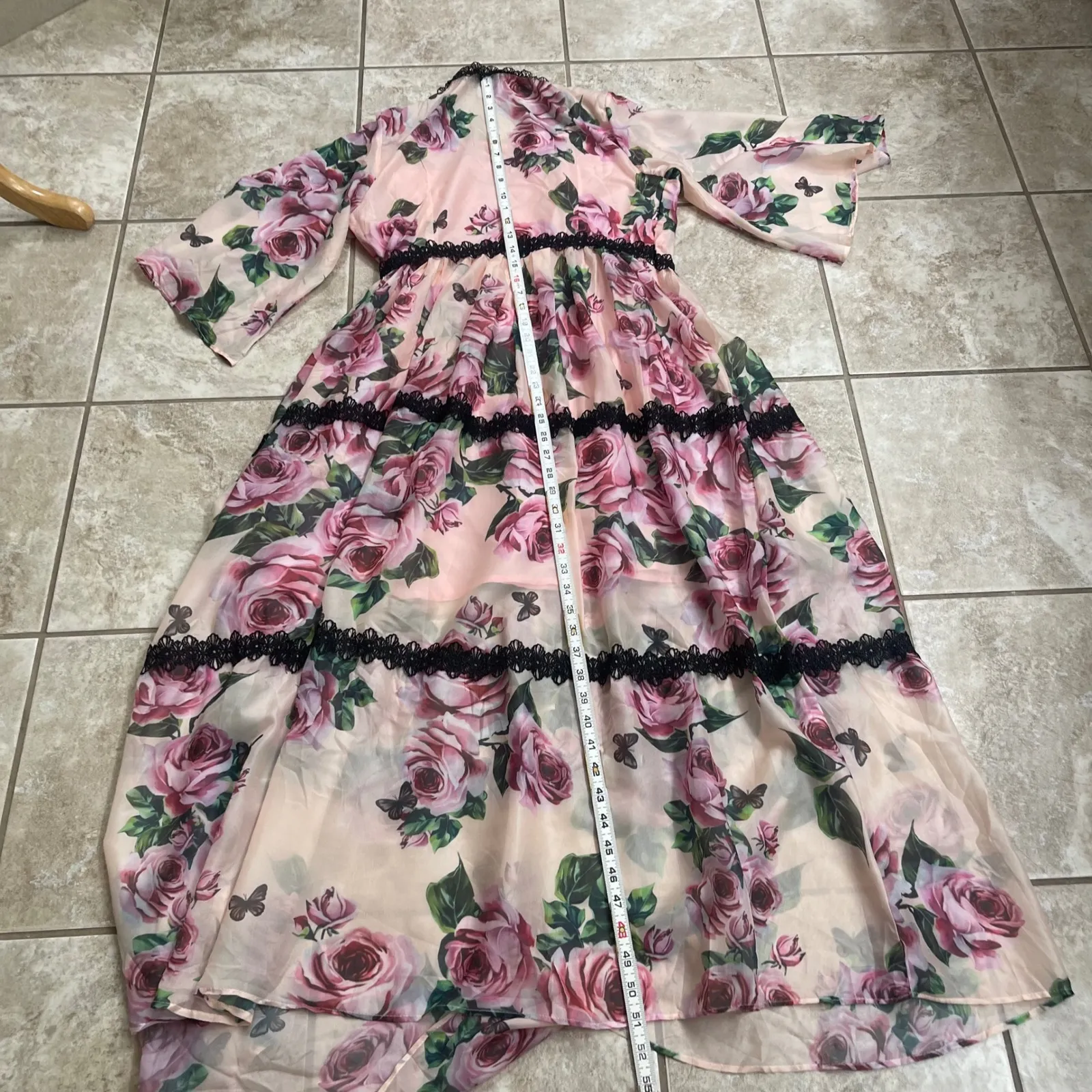 Vicky and Lucas Maxi Dress Floral Rose Print Black Lace Trim Lined Womens L/G Pink Size L - Image 4