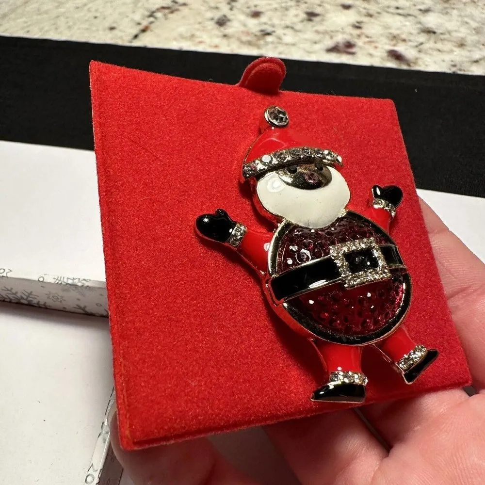 Santa Claus Christmas Holiday Red Gold Tone / Rhinestone Brooch Pin NWT With Box - Image 5