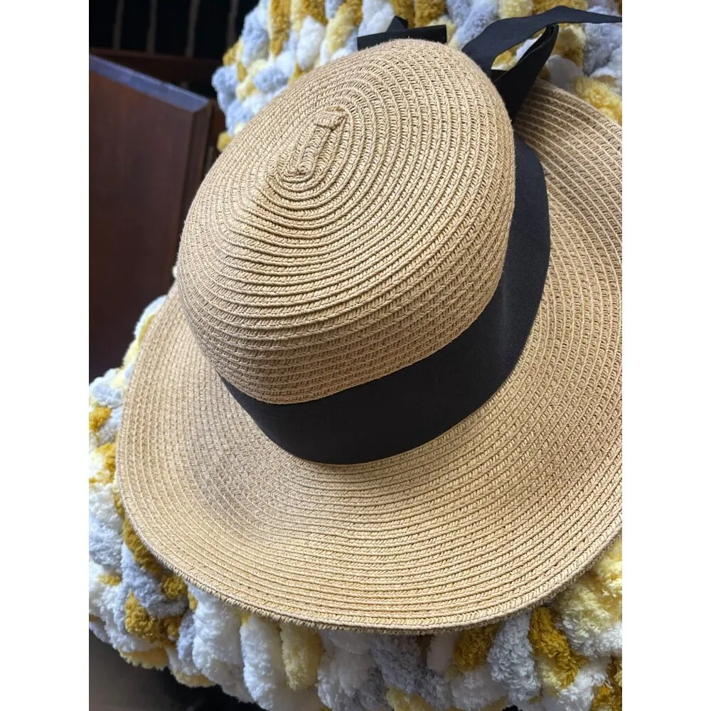 Scala Vintage Style Sun Hat With Black Ribbon Bow Handmade Paper Straw Women One - Image 9