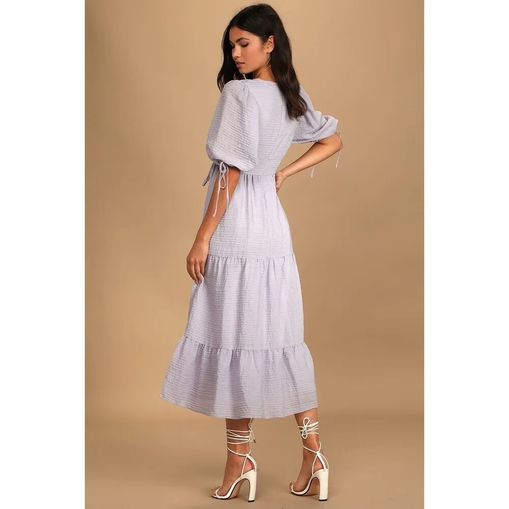 Lulus Women's Capture Your Heart Lavender Tiered Puff Sleeve Midi Dress Size XL - Image 2