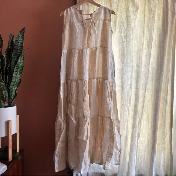 Laude the Label x Madewell Linen Tiered Maxi‎ Dress Coastal Boho Striped NWT XXS Tan - Image 5