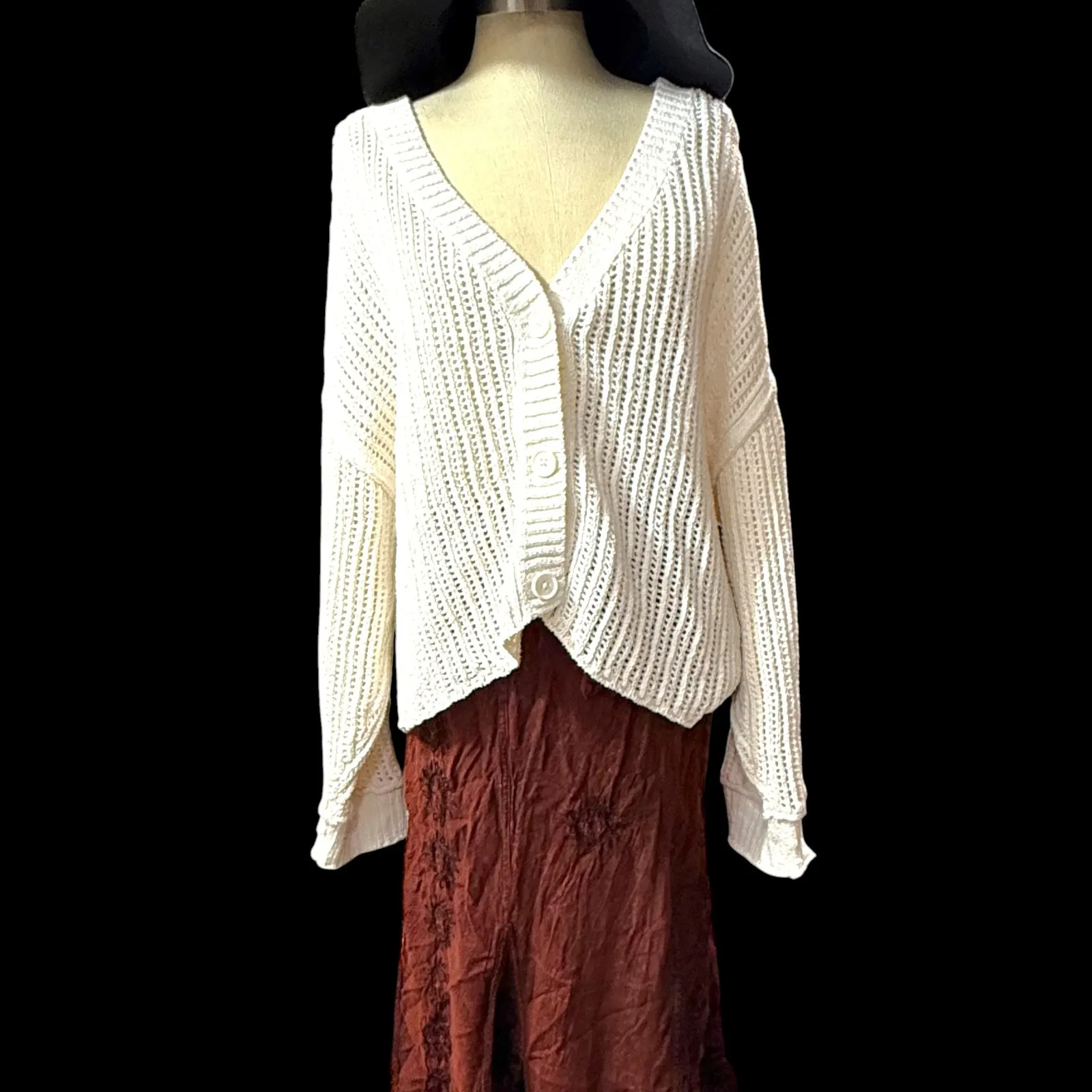 American Eagle XL Cardigan Sweater Cream Distress Chunky Knit Cozy Coastal Boho - Image 3