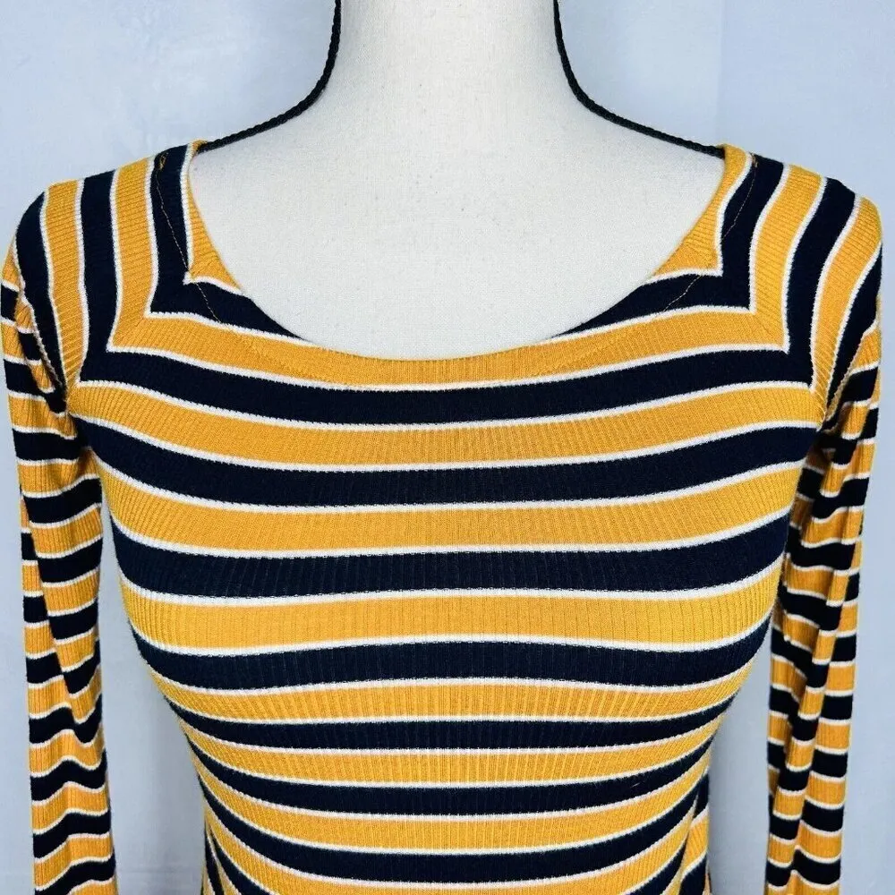 Forever 21 Long-Sleeve Ribbed Shirt Womens Size S Gold Navy Striped Rayon Blend - Image 2