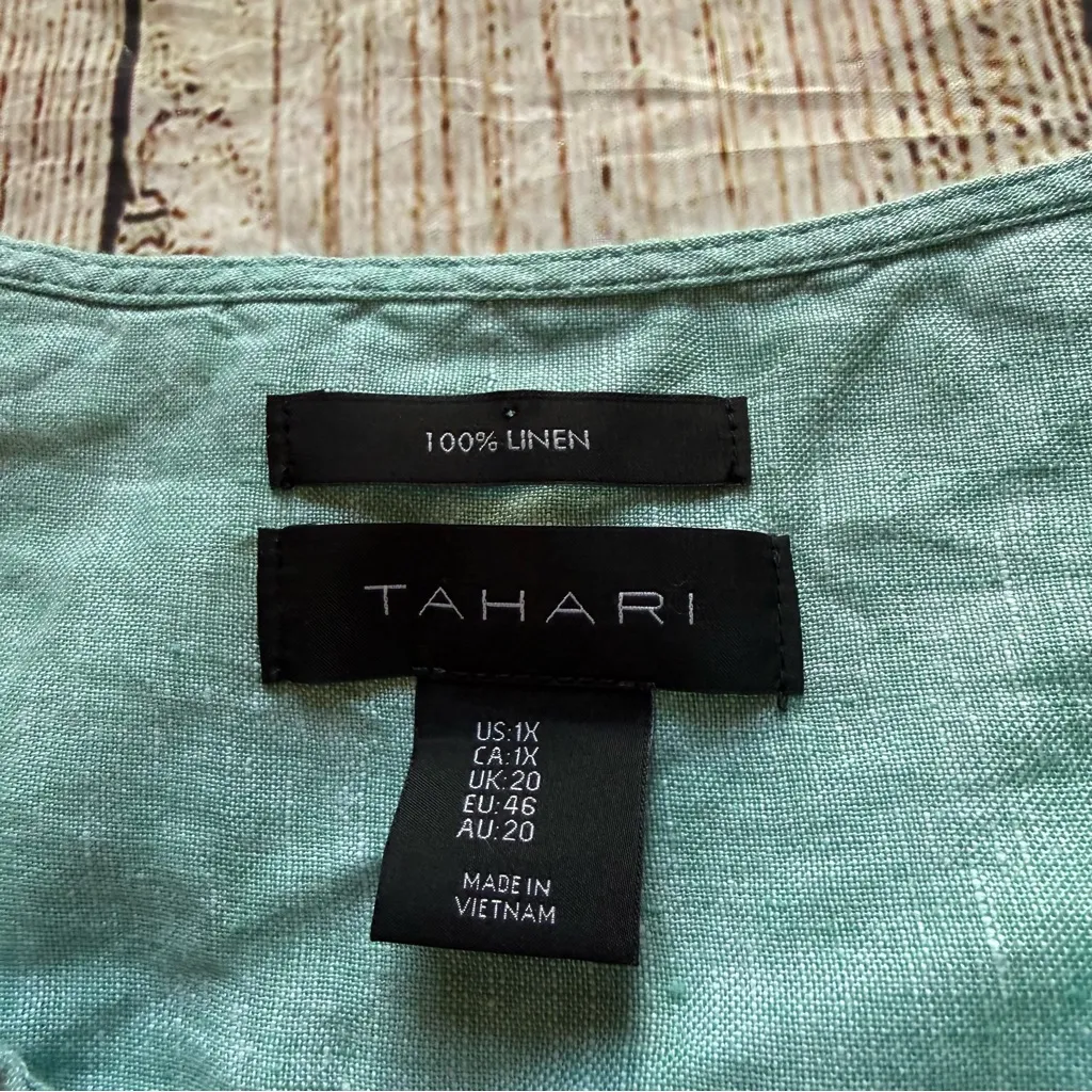 Tahari 100% Linen Button up Shirt Roll Tab Sleeve Teal Blue Women's Size 1X - Image 6