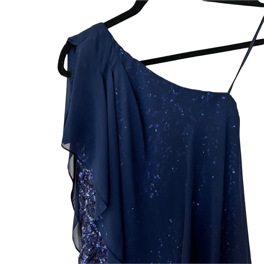 Aidan Mattox Navy Blue One Shoulder Sequin Cocktail Mini Dress 2 - Image 4