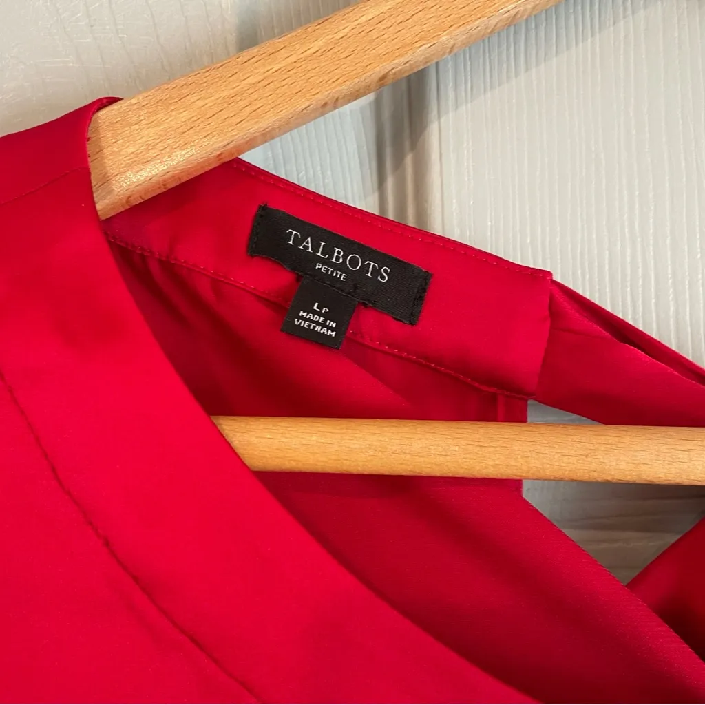 Talbots Women's L Petite Red Silky Cuffed Sleeve Blouse Festive Tie Back Ribbon - Image 2
