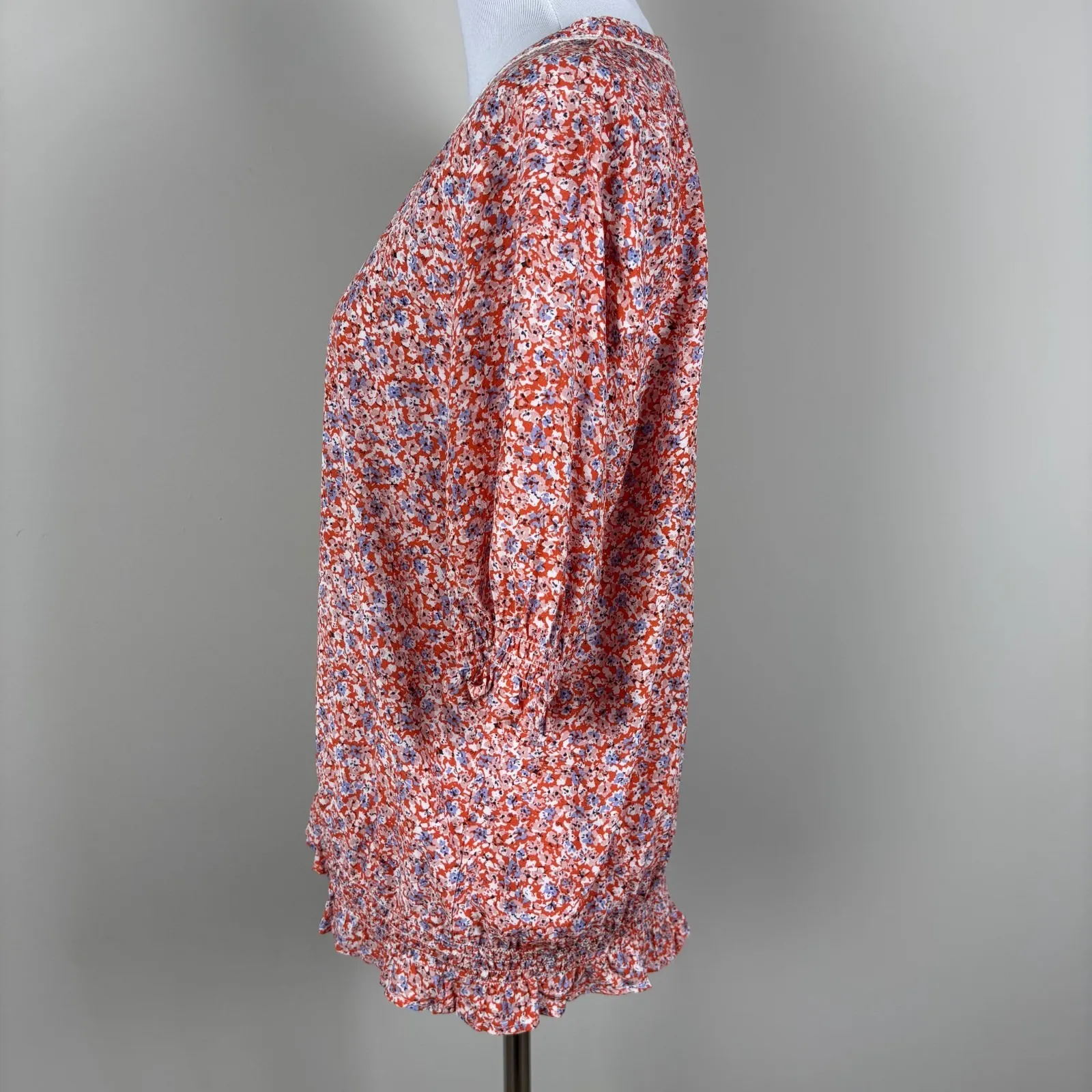 Esqualo Blouse Top Women 8 Orange Floral Button Up Smocked Lace Trim Cottagecore - Image 8