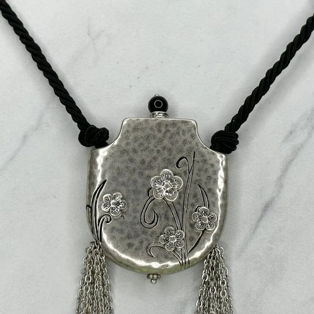 Chico's Black Rope with Floral Silver Tone Tassel Pendant Necklace - Image 2