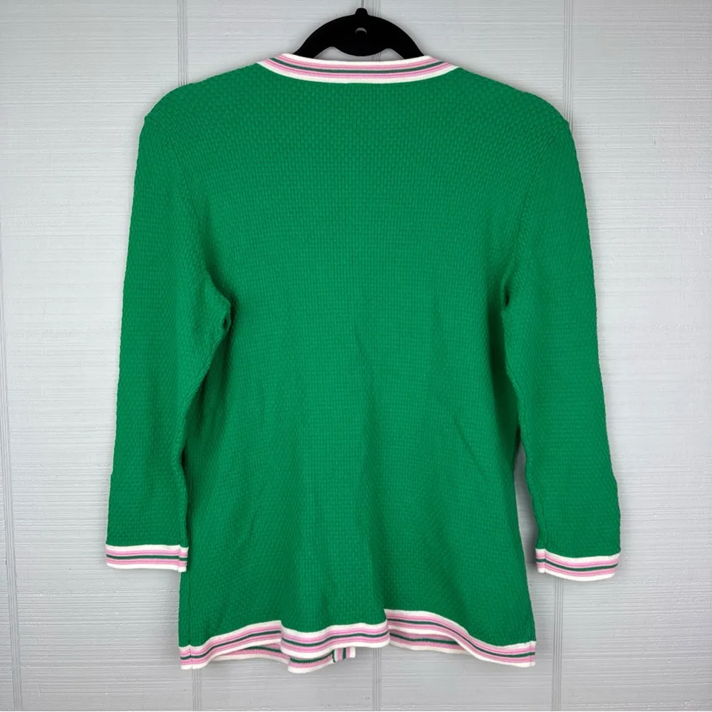 Talbots Green Pink Stripe Knit Cardigan Sweater Pearl Buttons 3/4 Sleeves Preppy - Image 3