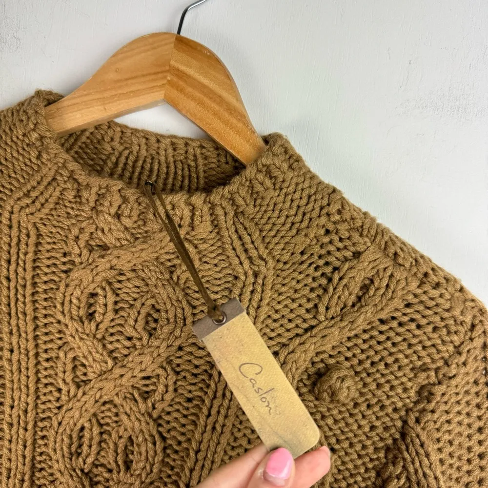 NWT Caslon Chunky Cable Knit Bobble Sweater Sz Small Tan Camel Wool Blend - Image 3