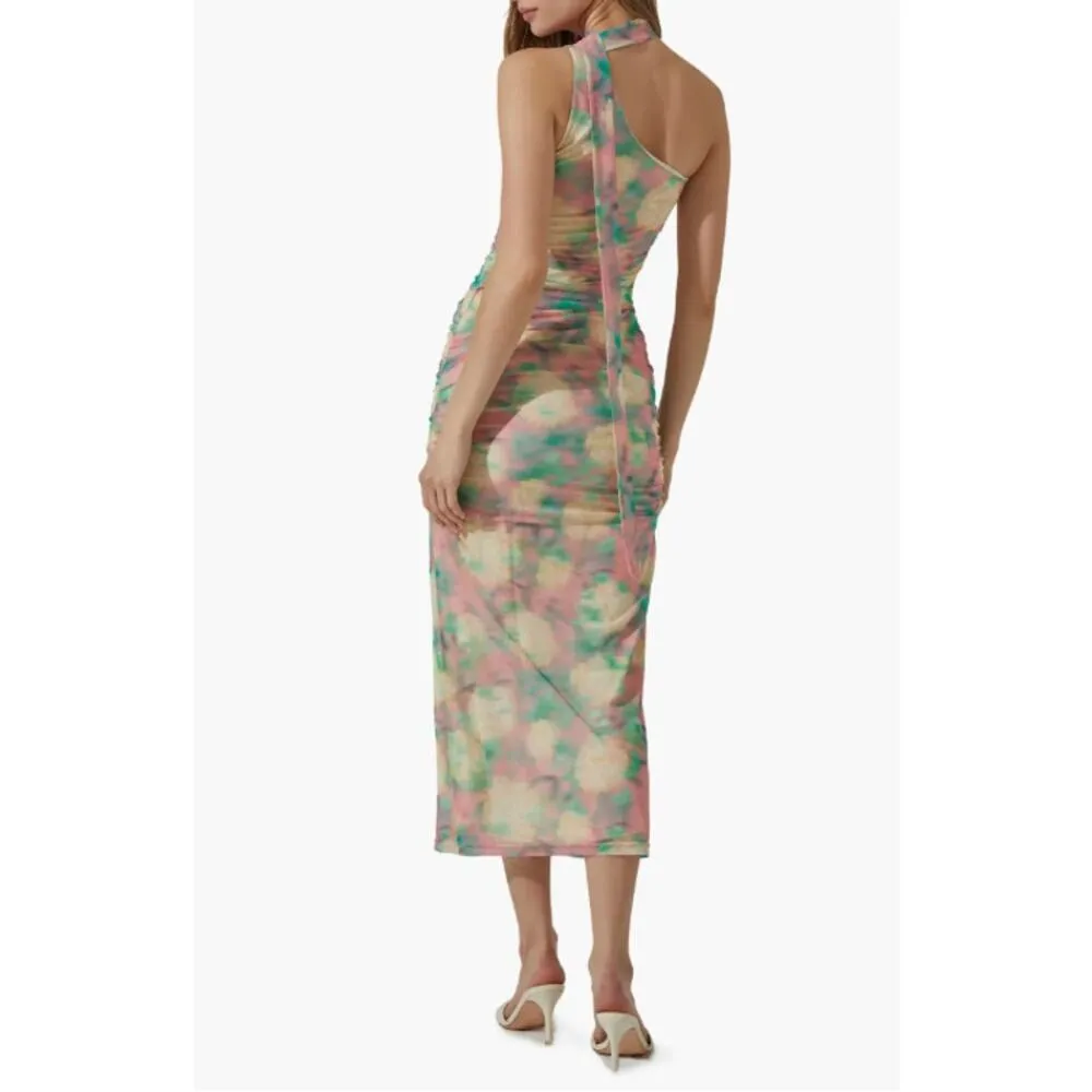 ASTR the Label Abstract Print Asymmetric Midi Green Pink Ruched Dress Size XL - Image 8