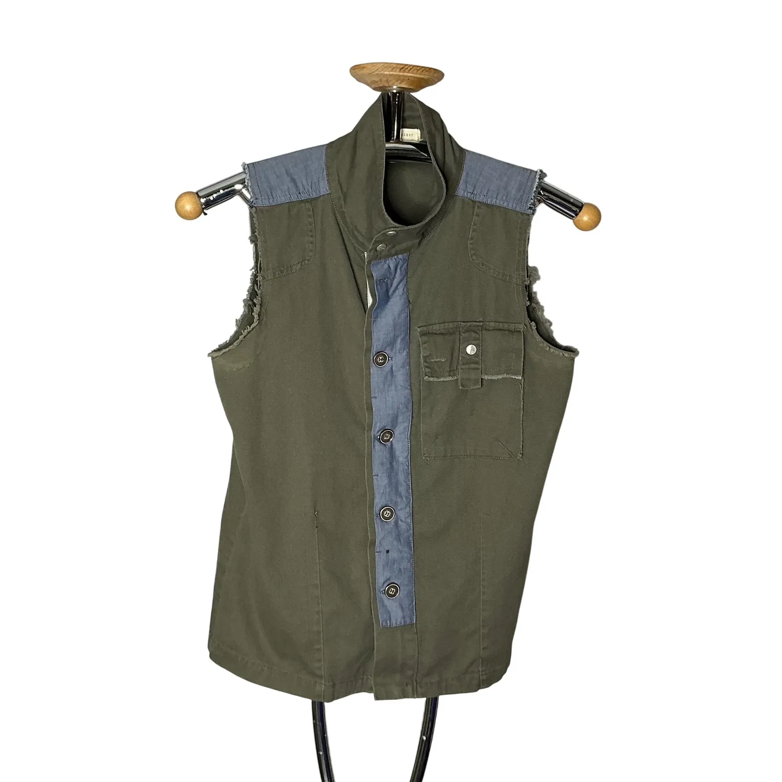 Cloth & Stone‎ Women's Utility Vest Olive Green Chambray Trim Cargo Boho Sz M - Image 2