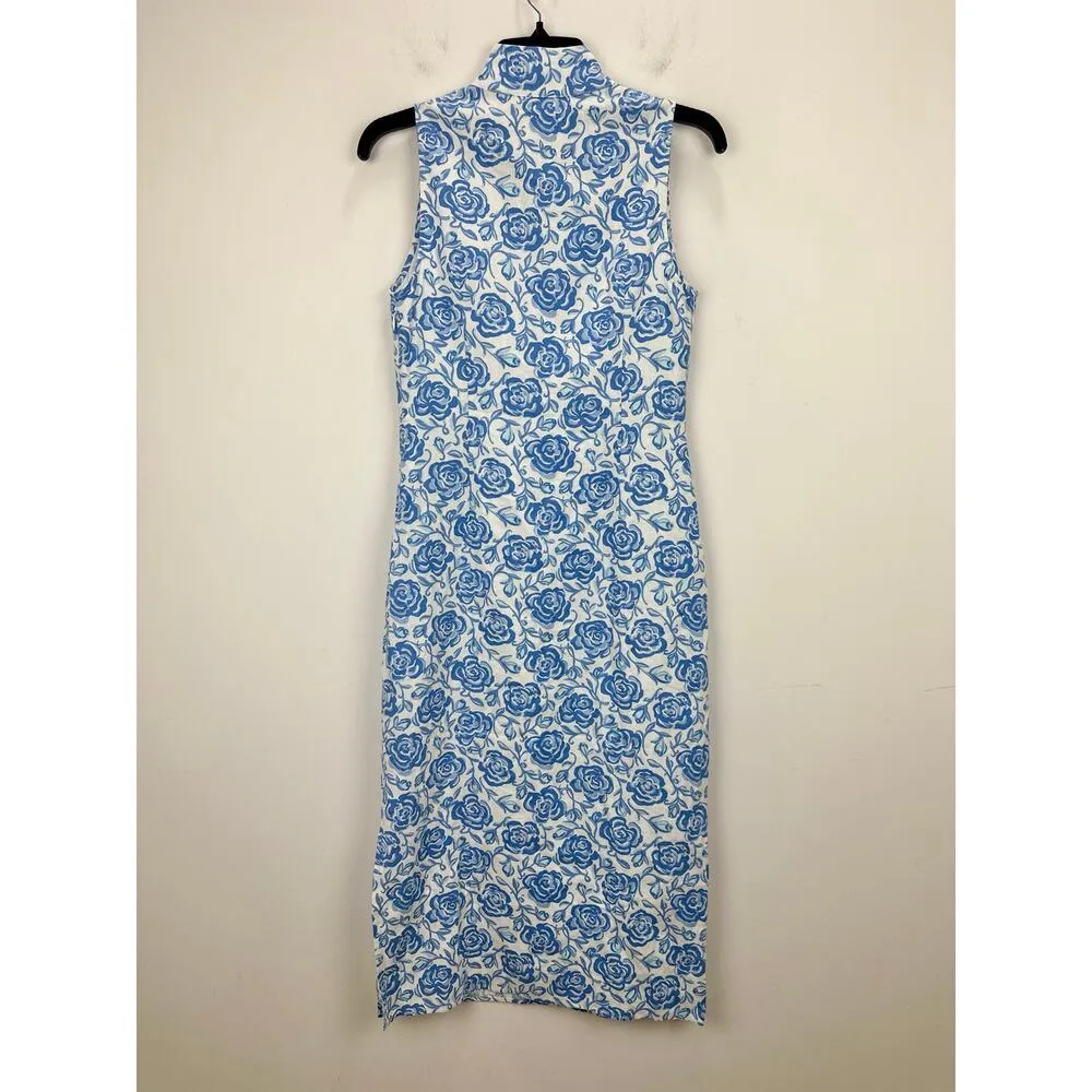 Sail To Sable Linen Blend Midi Dress Rose Floral Blue Resort Cottage XXS NWT - Image 12