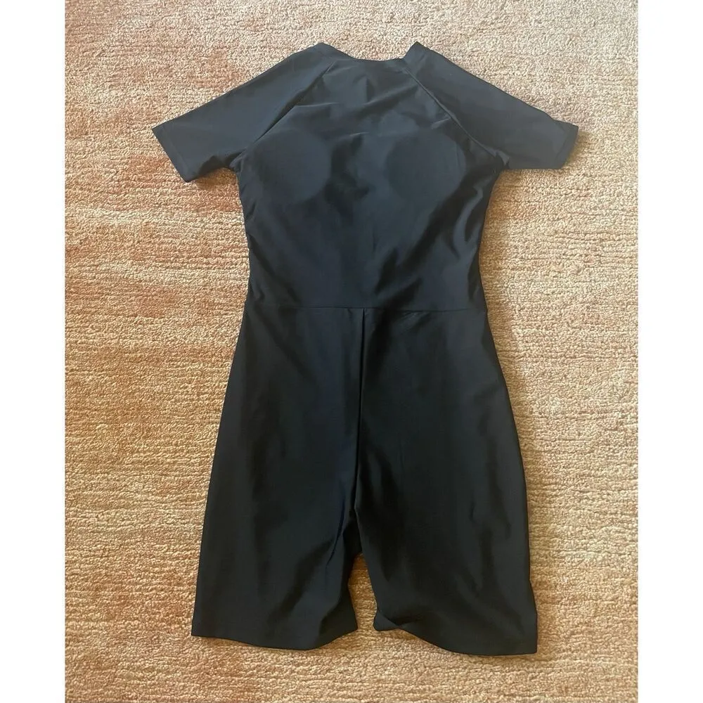 Black Blue Zip Front Short Sleeve Swimsuit Romper One Piece Size S - Image 5