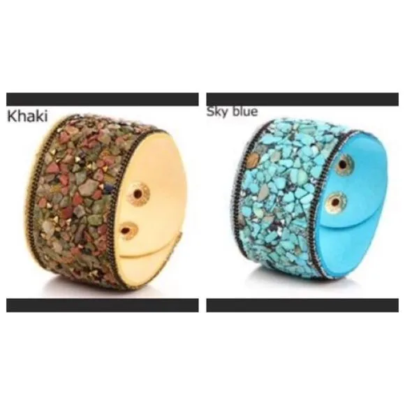 2 Vegan Leather Cuff/Wristband/Bracelet w/Natural Stones on Front Bohemian Vibe Blue - Image 2