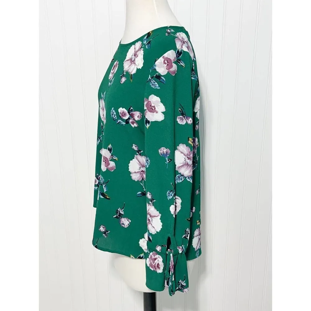 Live To Be Spoiled Floral Print Long Bell Sleeve Blouse Keyhole Back Green Large - Image 13