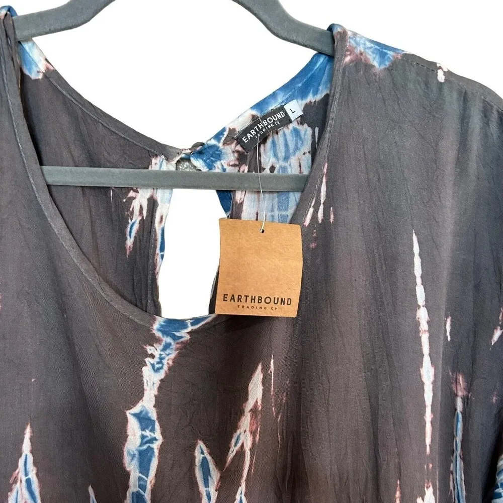 Earthbound Trading Co. Tie-Dye Romper Womens Size L Elastic Waist Boho Gray Blue - Image 3