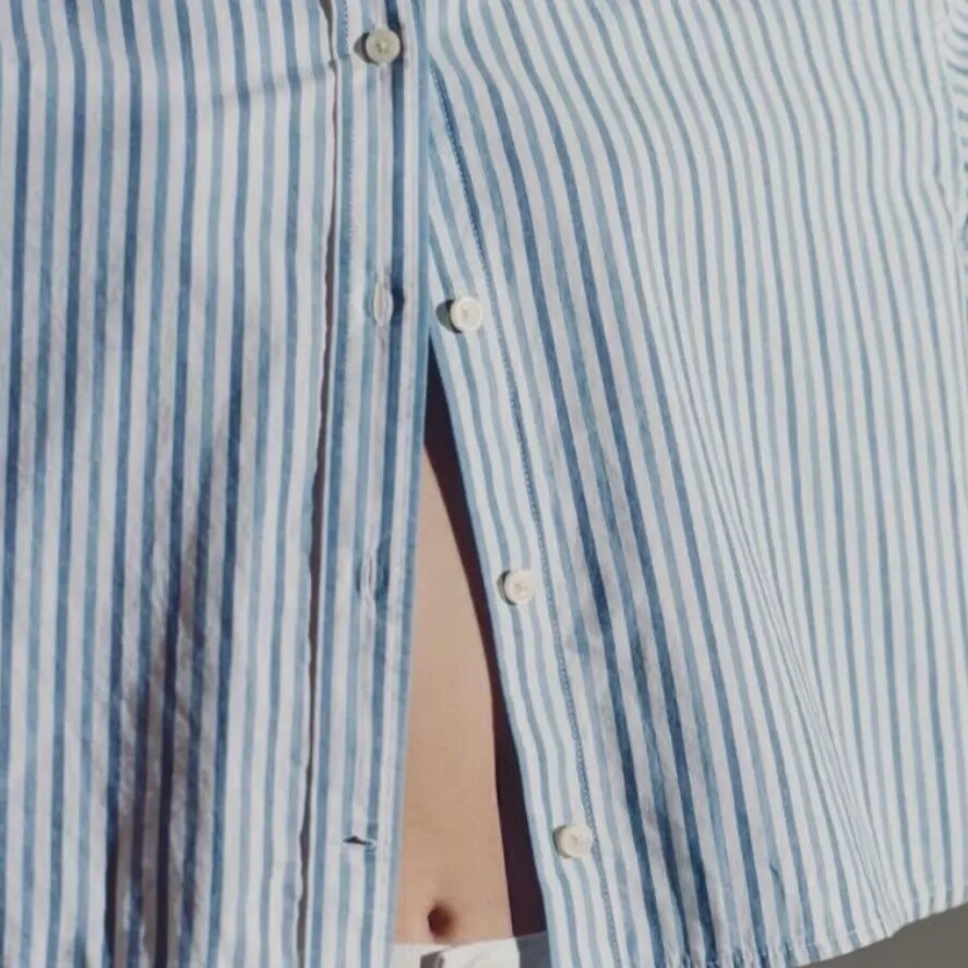 NWT Everlane Women PJ Top Shirt Medium Striped Woven Cotton Boxy White Blue S - Image 5