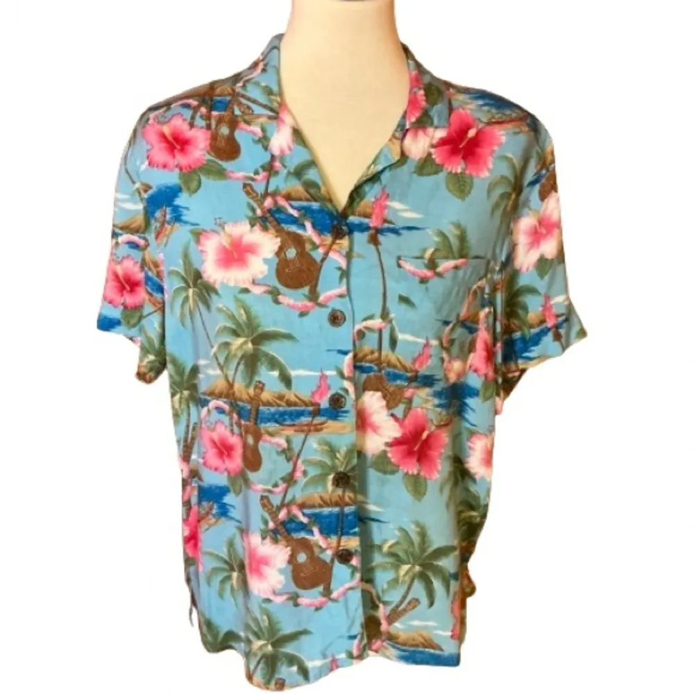 Vintage Hawaiian Shirt Tropical Floral Ukulele Print Button Up Blue Size M - Image 2