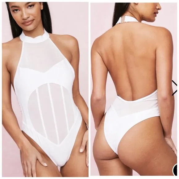 Nasty Gal Swimsuit White High Neck Mesh Panel High Leg One Piece Sexy 8 New - Image 2