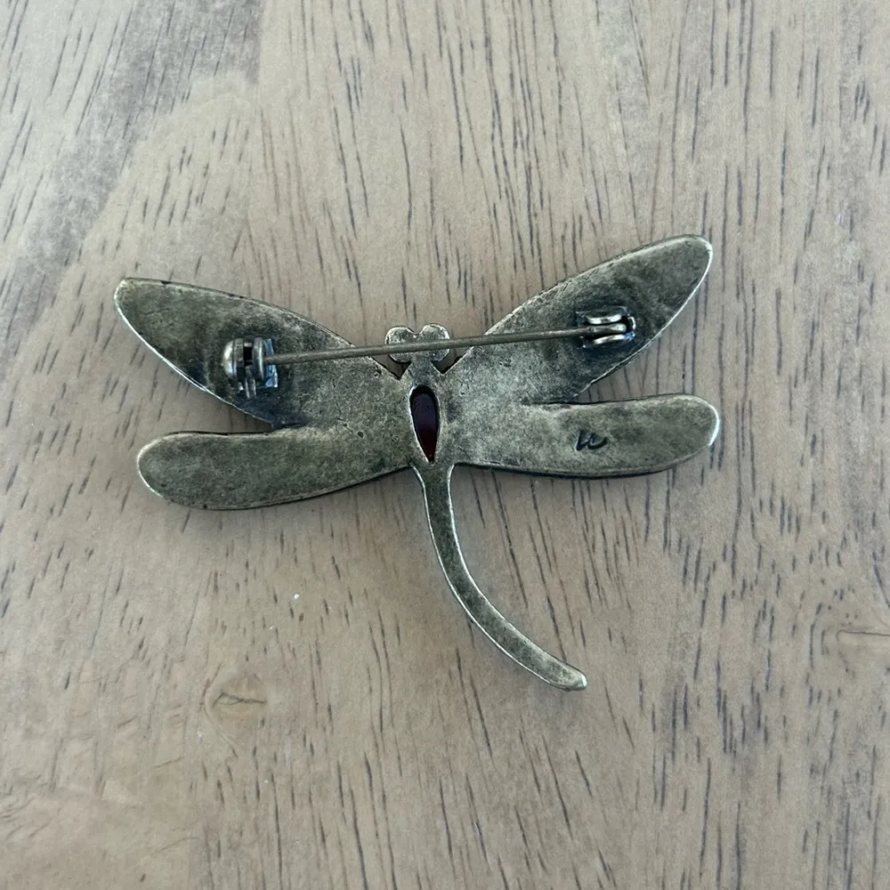 Liz Claiborne Signed LC Vintage DragonFly Broock/Pin Crystal Stone Green brown - Image 3