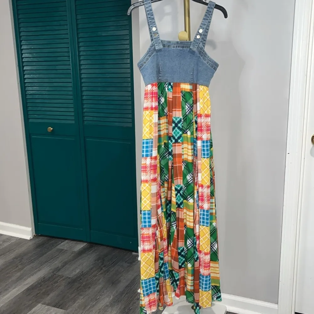 Denim Multi Fabric Pleated Suspender Maxi Dress (brand new) - Image 6