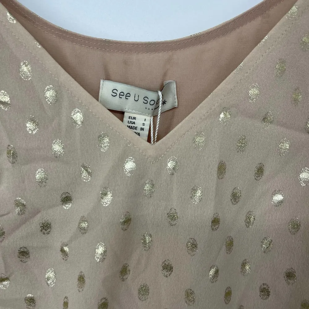 SEE U SOON BEIGE WITH GOLD DOTS LIGHTWEIGHT ROMPER LOOK MINI DRESS SMALL - Image 3