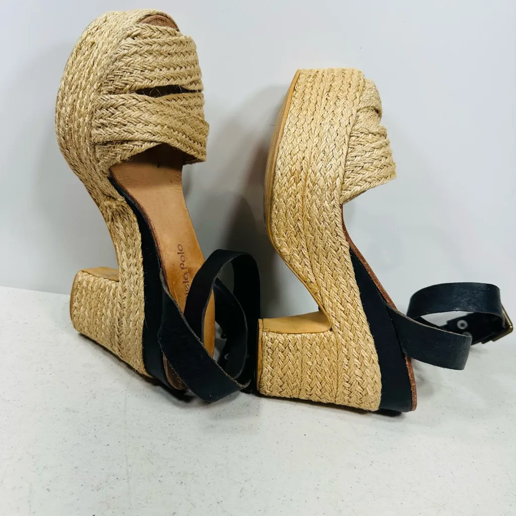ANTHROPOLOGIE DANIELA POLO VINIFERA LEATHER JUTE PLATFORM ESPADRILLE 7 Black - Image 7