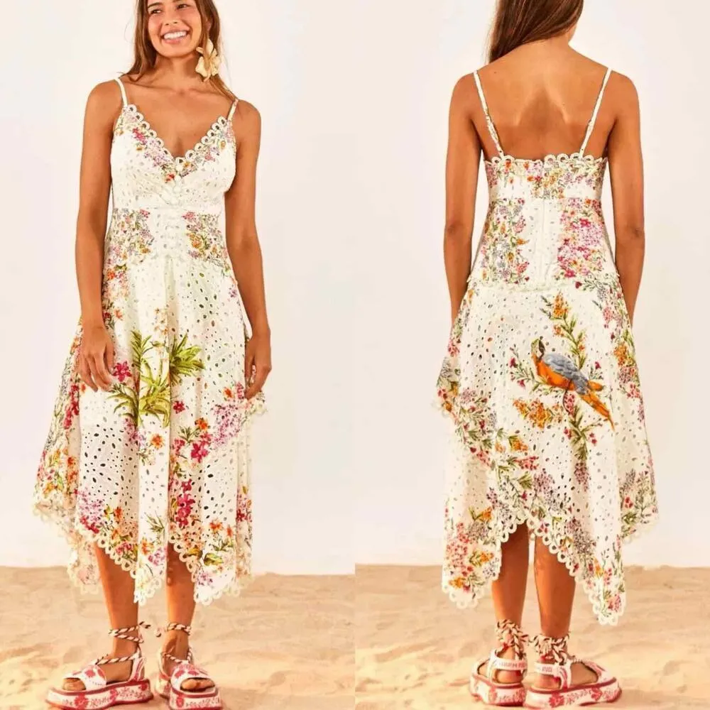 FARM RIO Delicate Forest Scarves Midi Dress Eyelet Lace Asymmetric Size XS - Image 10