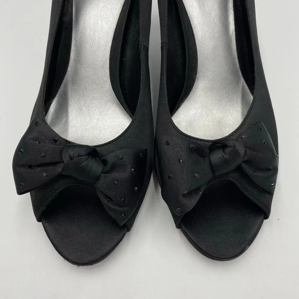 Mootsie + Tootsie Women's Black Satin Rhinestone Bow Peep Toes Heels Size 9 - Image 5