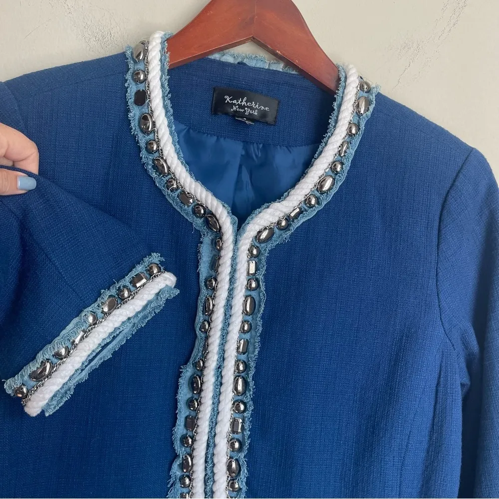 Katherine New York Navy Textured Embellished Jacket w/ Denim Detail Jacket Small Blue Size 6 - Image 4