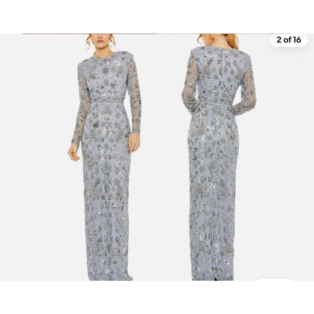 Mac Duggal 93939 Slate Blue High Neck Embellished Long Sleeve Column Gown 8 $798 - Image 11